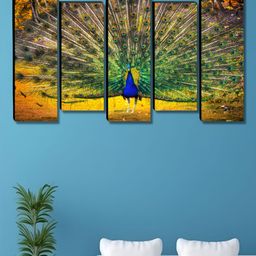 SAF Green & Yellow 5 Piece Dancing Peacock Printed Wooden Wall Arts-2