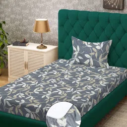 KLOTTHE Grey & White Floral 300 TC Fitted Single Bedsheet With Pillow Cover-2.25m x 1.50m-picture-54