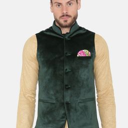 Wintage Men Green Velvet Nehru Jacket-picture-13