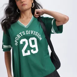 glitchez Women Varsity Printed V-Neck Oversized Tshirt-image-66