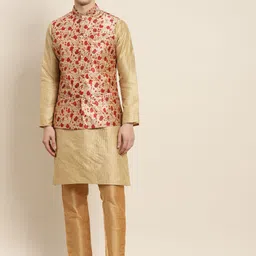 SOJANYA Men Golden & Red Kurta with Churidar & Nehru Jacket-picture-4
