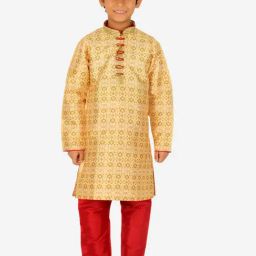 Pro-Ethic Style Developer Kids Light Yellow & Red Floral Print Full Sleeves Kurta with Pyjamas-image-94