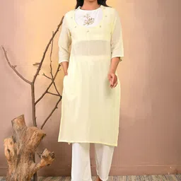 Moktika Women Textured Yoke Design Linen Kurta with Trousers-11