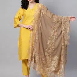 MODARTA Women Golden Woven Design Lace Border Shawl-10