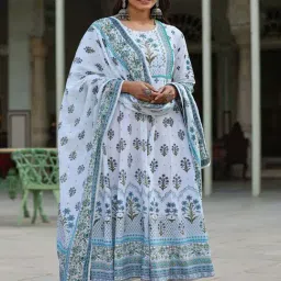 Juniper Sky Blue Ethnic Motif Print Cotton Anarkali Dress & Dupatta Set With Beads & Sequins-image-6
