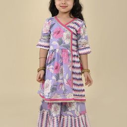 LIL PITAARA Girls Floral Printed Angrakha Gotta Patti Pure Cotton Kurta with Sharara-image-53