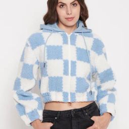 MADAME Light Blue Checks Crop Hoodie-20