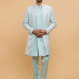 Twamev Men Embroidery Mandarin Collar Sherwani Set-image-3