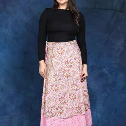 Exotic India Double Layer Wrap-Around Long Skirt with Floral Print-image-51