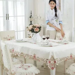 TANLOOMS Cream-Coloured Floral 6-Seater Table Cover with Embroidered details-15