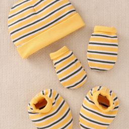 Babyoye 100% Cotton With Eco-Jiva Finish Cap Mitten & Booties Stripes Pattern Yellow - Cap Diameter 9.5 cm-image-11