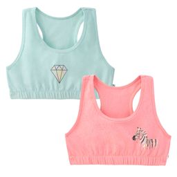 Plan B 95% Cotton 5% Spandex Pack Of 2 Double Layered Racer Back Zebra & Diamond Printed Sports Bras - Mint Green & Coral-image-6