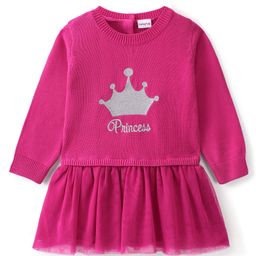 Babyhug Knitted Full Sleeves Woolen Dress with Crown Design - Pink-image-52