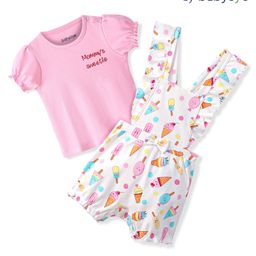 Babyoye Eco Conscious Cotton Ice Cream Printed Dungaree & Half Sleeves Inner Tee - Pink & White-3