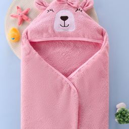 Babyhug Woven Terry Cotton Hooded Towel Teddy Design L 74 x B 74 cm - Pink-image-30
