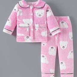 Kookie Kids Full Sleeves Peter Pan Collar Winter Wear Night Suit With Bear Design- Pink-image-93