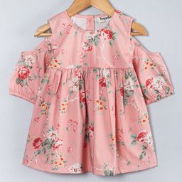 Hugsntugs Cold Shoulder Half Sleeves Floral Printed Top - Coral-image-93