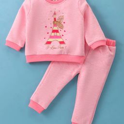 ToffyHouse 100% Knitted Cotton Fleece Full Sleeves T-Shirt & Lounge Pants Set With Eiffel Tower Print - Neon Pink-picture-34