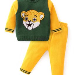 Babyhug Knit Full Sleeves Sweater Set With Animal Design - Green & Yellow-image-58
