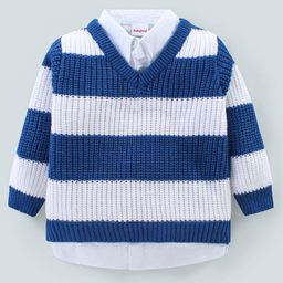Babyhug Knitted Full Sleeves Collar Neck Pullover Sweater with Stripes Design - White & Blue-image-54