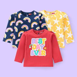 Babyhug Cotton Knit Full Sleeves Tops with Star & Text Print Pack of 3 - Navy Yellow & Red-image-62