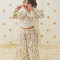 Tiber Taber Cotton Full Sleeves Floral Foil Printed Coordinating Top & Pant With Dupatta - Cream-picture-12