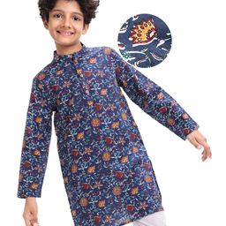 Pine Kids Cotton Woven Full Sleeves Kurta with Floral Print - Navy Blue-image-26