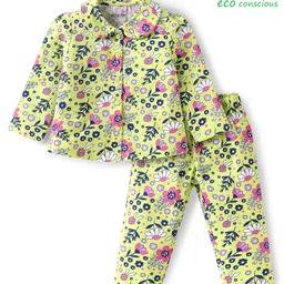 Babyoye Eco Conscious 100% Cotton Knit Full Sleeves Co-ords Night Suit with Floral Print - Light Green-picture-25