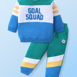 Babyhug Terry Knit Full Sleeves T-Shirt & Lounge Pant Set With Cut & Sew Design & Text Embroidery - White Blue & Green-image-32