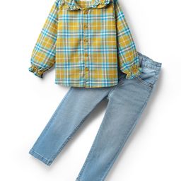 Babyhug Cotton Woven Full Sleeves Top & Jeans with Checks Print - Yellow & Blue-image-97