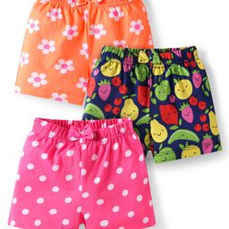 Babyhug Single Jersey Knit Mid Thigh Bow Applique Shorts with Polka Dots & Floral Print Pack of 3 - Dark Pink Navy Blue & Orange-image-67