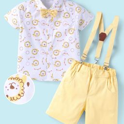 Mark & Mia Cotton Woven Half Sleeves Shirt with Shorts Set with Suspender & Bow and Animal Print - White & Yellow-image-63