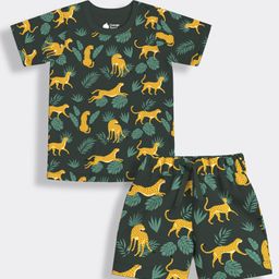 Orange Sugar 100% Cotton Knit Half Sleeves Cheetah Printed Coordinating Tee & Shorts Set - Green-image-83