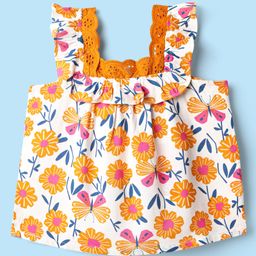 Babyhug Rayon Woven Frill Sleeves Floral Printed Top with Chifilli Detailing - White-image-30