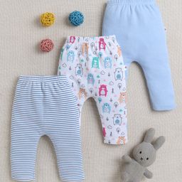 BUMZEE Cotton Full Length Stripes & Teddy Print Diaper Pants Pack of 3 - Light Blue & White-image-57