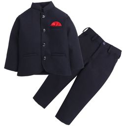 Lil' Homies Jacquard Full Sleeves Solid Blazer With Pant - Navy Blue-image-36