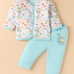BUMZEE Cotton Knit Full Sleeves Night Suit With Duck Print - White & Blue-image-9