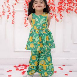 KID1 Cotton Sleeveless Floral Printed & Lace Embellished Sharara Set - Green-image-73