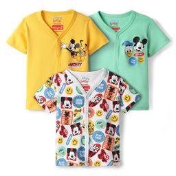 Babyhug Disney Interlock Knit Front Open Half Sleeves Jhablas With Mickey Mouse & Family Graphics Pack Of 3 - Yellow Light Green & White-image-19