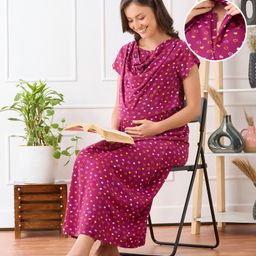 Bella Mama Cotton Knit Half Sleeves Nurisng Nighty with Concealed Zipper With Heart Print & Pocket Detailing - Wine-image-25