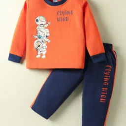 Tango Single Jersey Knit Full Sleeves T-shirt & Lounge Pant Set with Flying High Animal Astronauts Print - Orange & Navy Blue-picture-21