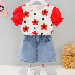 Googo Gaaga Cotton Woven Half Puffed Sleeves Floral & Polka Dots Printed Top With Shorts Set - Red-picture-17