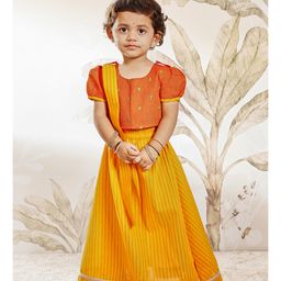 Vastramay Cotton Woven Half Puffed Sleeves Striped & Floral Embroidered Lehenga Choli With Dupatta Set - Orange-picture-37