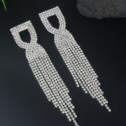 StyleCast Silver-Plated Rhinestone Studded Tasselled Contemporary Drop Earrings-image-49