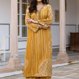 Anouk Mustard Yellow Geometric Printed Sweetheart Neck Straight Kurta With Palazzos-picture-16