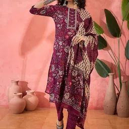 Sangria Printed Pure Cotton Straight Kurta With Trousers & Dupatta-picture-39
