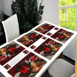 REVEXO 6Pc Brown & Red Printed Rectangle Costers & Table Placemats-10
