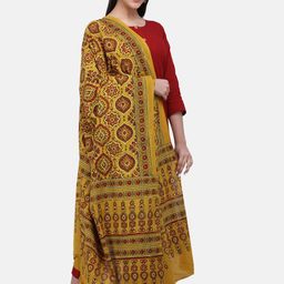 THE WEAVE TRAVELLER Mustard & Red Printed Sustainable Dupatta image 3