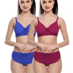 FIMS Blue & Violet Lace Work Bra Panty Sets - Pack Of 2-image-25