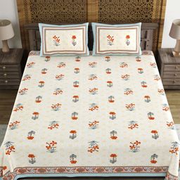 Myntra Elegant Homes Orange & White Floral 180 TC King Bedsheet with 2 Pillow Covers-image-40